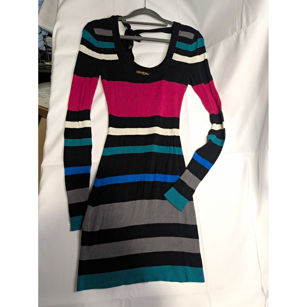 GUESS Jeans Women's XS Striped Knit Sweater Dress Scoop Neck Long Sleeve Bow